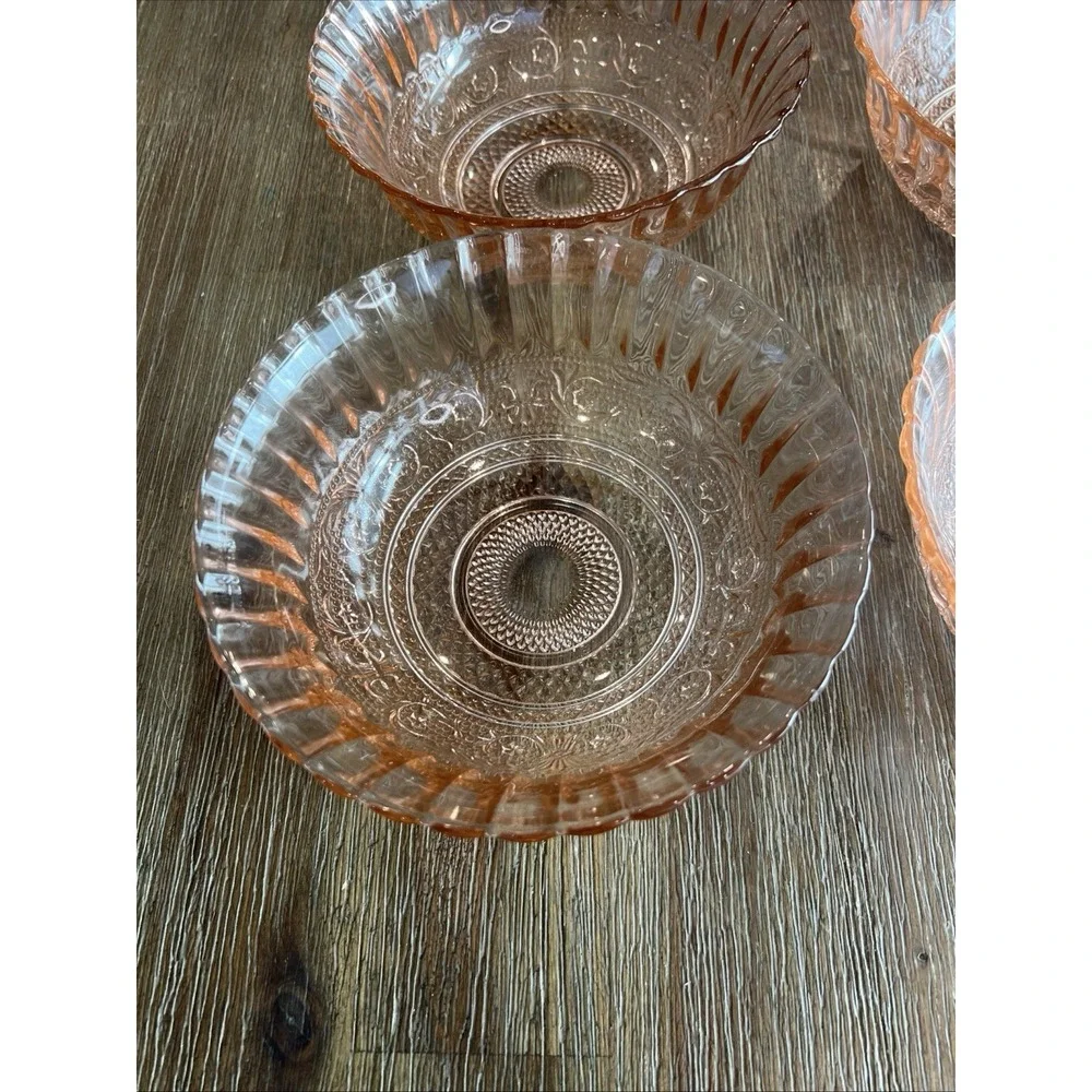 6 Vintage Pink Depression Glass Bowl Diamond Trellis & Fleur de Lis Pattern 7